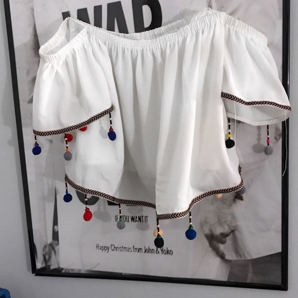 White Off Shoulder Pom Pom Bead Boho Blouse - Picture 2 of 3